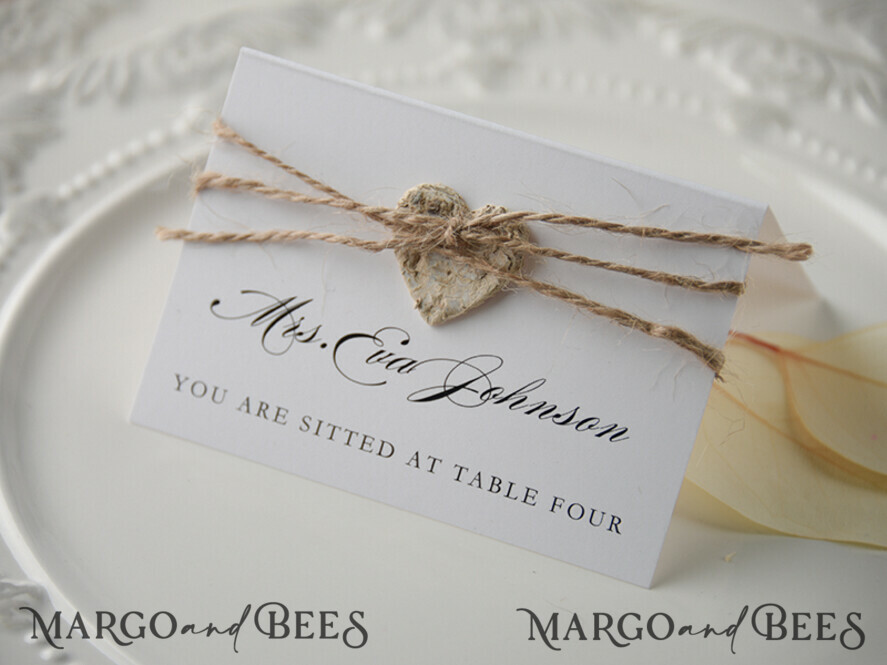 Elegant Eco White Wedding Place Cards with Wooden Heart, White Wedding Name Tags with Burlap Twine and Birch Heart, Rustic Wedding Stationery, Editable Text