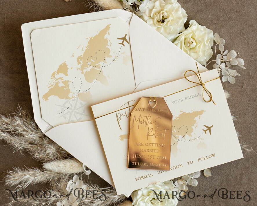 Personalised Travel Save the Date Acrylic Tag Magnet and Card, Gold Tag Wedding Save The Dates Acrylic Magnets, Save The Date Cards 