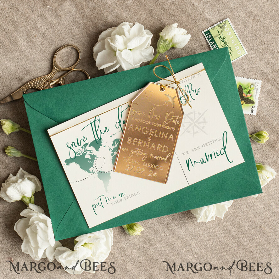 Personalised Travel Save the Date Acrylic Tag Magnet and Card, Gold dark green Luggage Tag Wedding Save The Dates Acrylic Magnets, Save The Date Cards