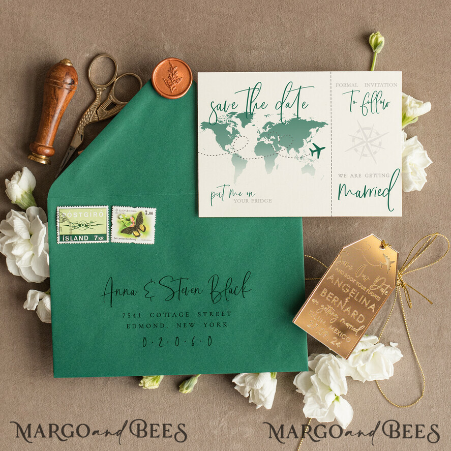 Personalised Travel Save the Date Acrylic Tag Magnet and Card, Gold dark green Luggage Tag Wedding Save The Dates Acrylic Magnets, Save The Date Cards