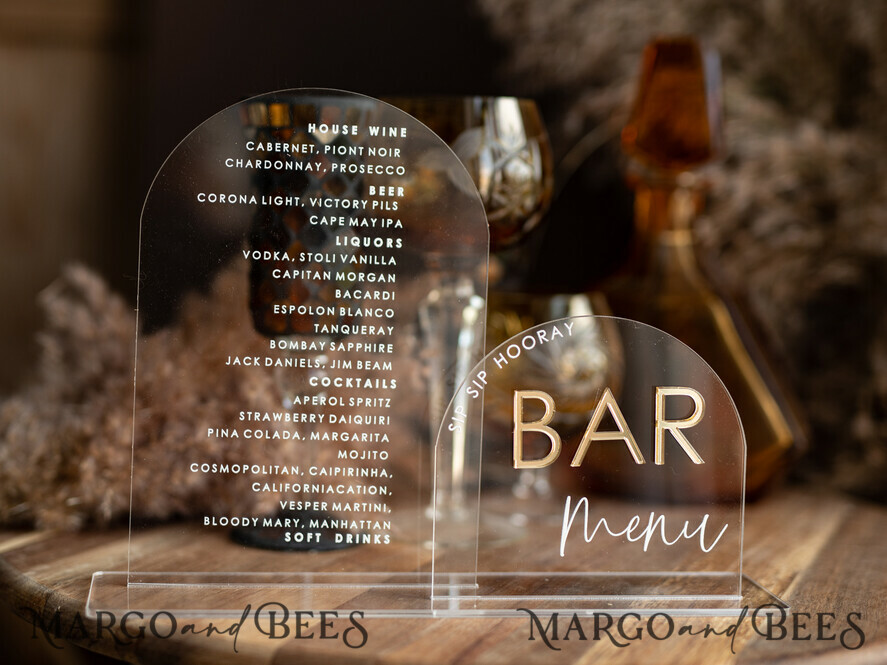 Transparent Acrylic Arch Bar Menu, Clear Acrylic And Gold Sign, Gold Plexi Double Sign, Luxury Wedding Table Decor, Wedding Signage Golden Mirror Cards Sign