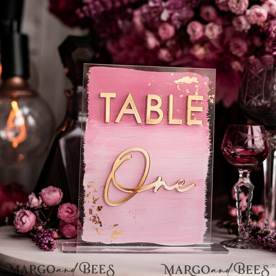 Pale Pink Ombre Mauve Acrylic Table Numbers, Dusty Rose Acrylic & gold Sign, Golden Plum Plexi Table Numbers, Luxury Purple Wedding Table Decor, Wedding Signage