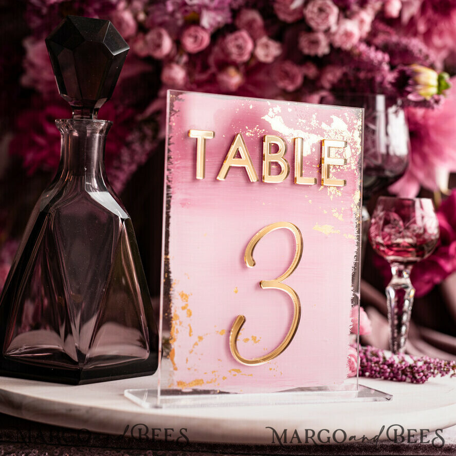Pale Pink Ombre Mauve Acrylic Table Numbers, Dusty Rose Acrylic & gold Sign, Gold Plum Plexi Table Numbers, Luxury Purple Wedding Table Decor, Wedding Signage Golden mirror table numbers