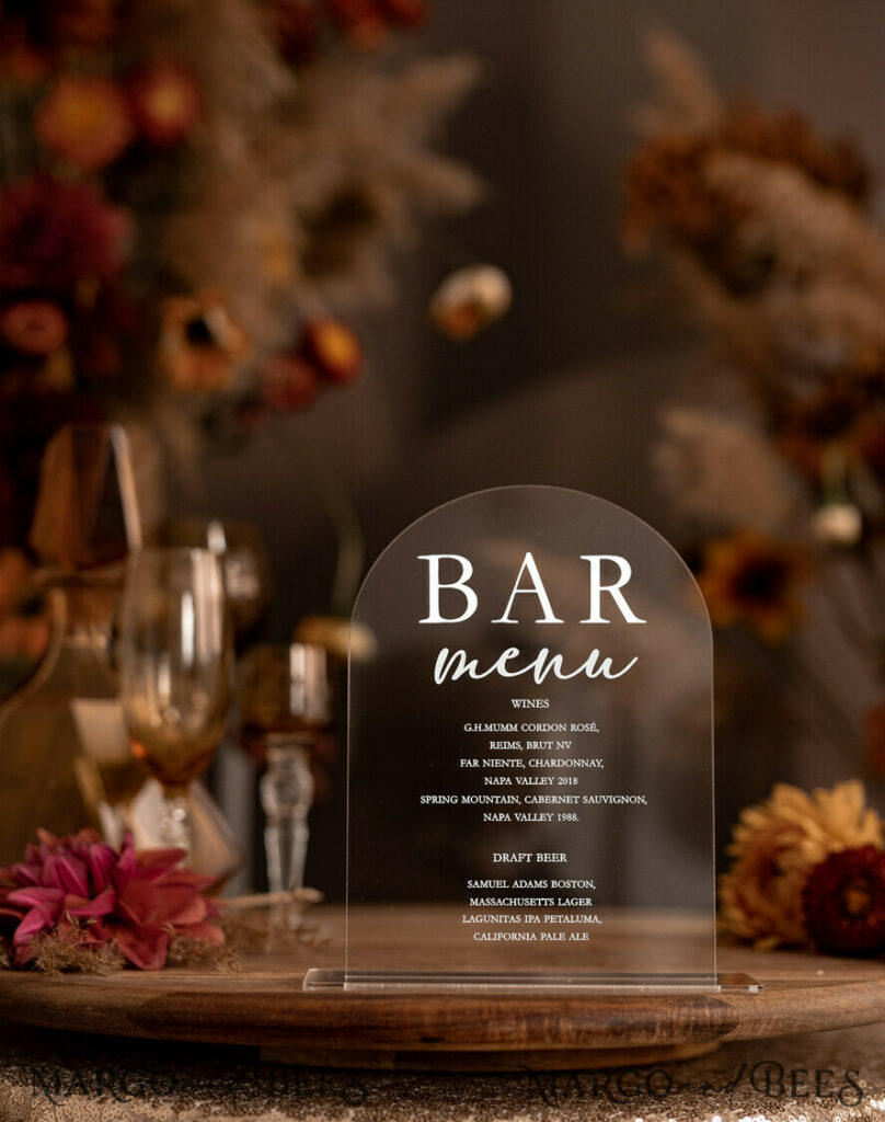 Acrylic Arch Bar Menu, Clear Acrylic Sign, Transparent Acrylic Wedding Stand, Luxury Wedding Table Decor, Modern Wedding Signage Acryl Sign, White Editable Text