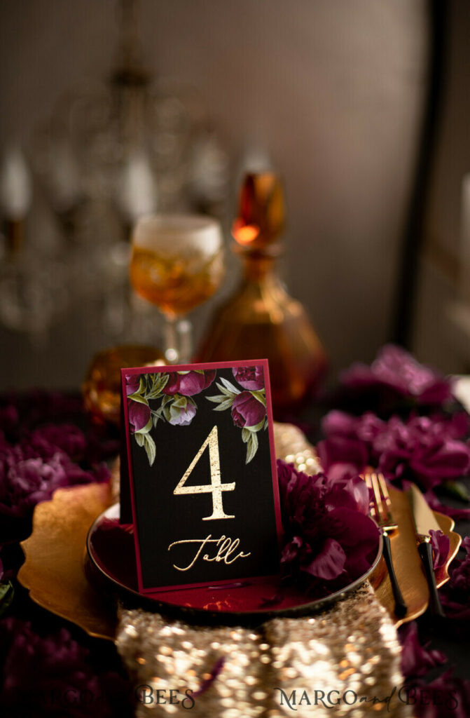 Luxury Vintage Wedding Table Numbers, Glamour Black and Burgundy Table Cards, Romantic Peonies Wedding Table Décor, Vintage Peony golden and black Table Numbers