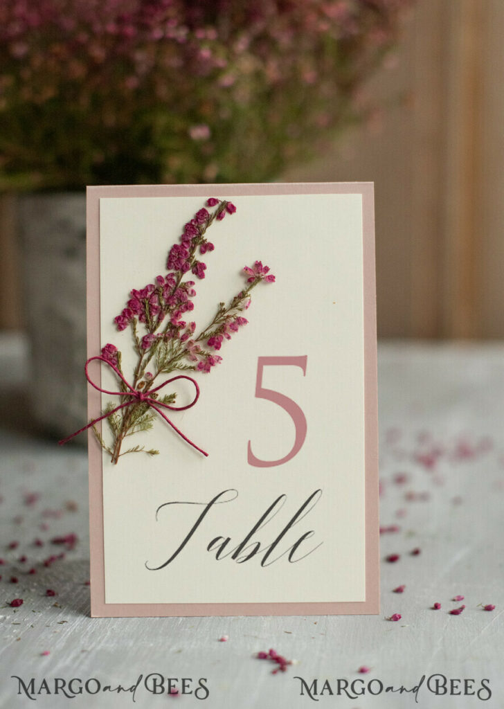 Romantic Ecru and Blush Pink Wedding Table Numbers, Custom Elegant Ivory Table Cards With Twine And Heather, Handmade Delicate Minimalistic Wedding Table Décor