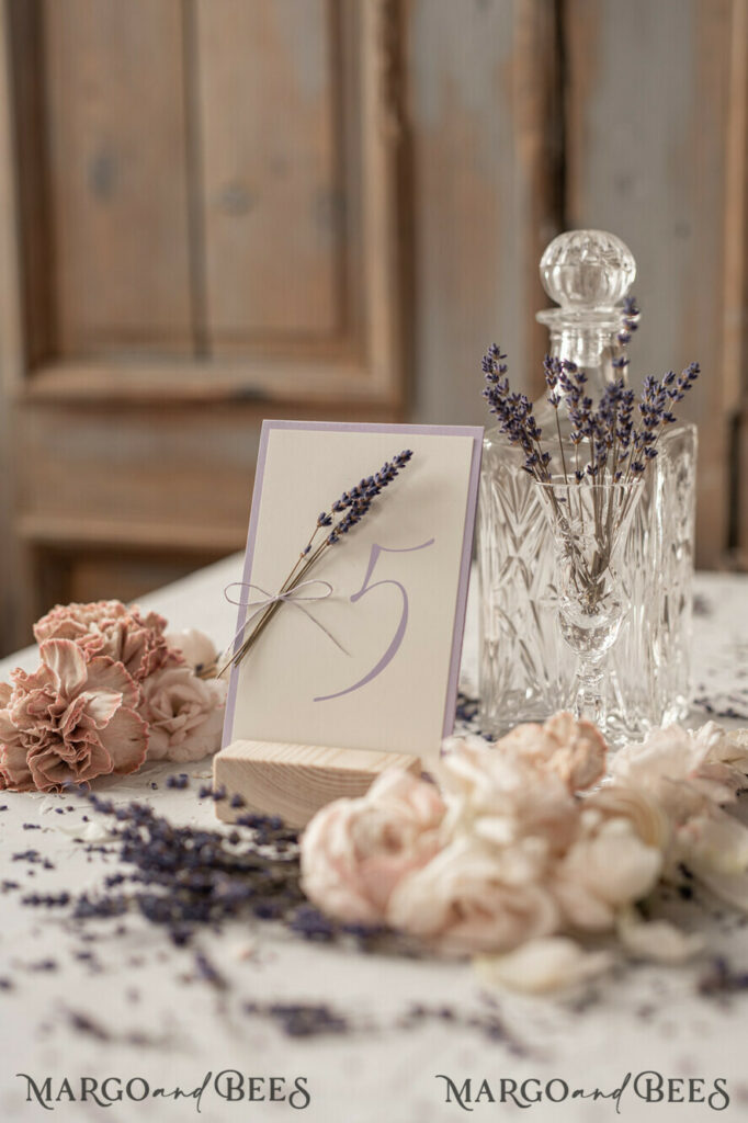 Delicate Lilac Wedding Table Numbers with Purple Twine, Handmade Ivory And Purple Wedding Table Cards With Lavender, Custom Boho Floral Wedding Table Décor