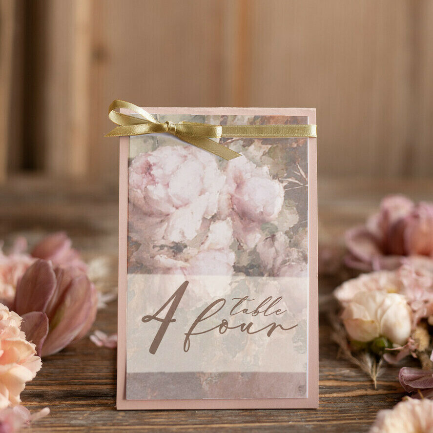 Floral Boho Classic Table Number, Golden Ribbon Luxury Romantic Wedding Table Number, Elegant Vintage Oil Paint Flowers, Handmade Gorgeous Blush Table Number