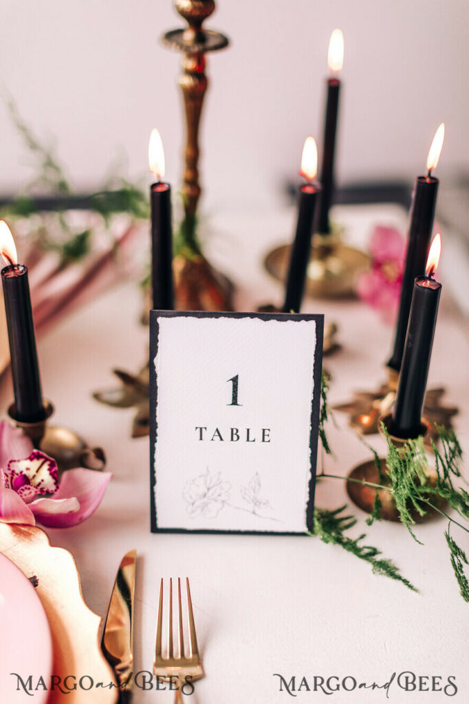 Gothic Black And White Wedding Table Numbers, Minimalistic Wedding Table Cards, Elegant Rose Flower Wedding Décor, Floral Boho Deckle-Edge Wedding Stationery
