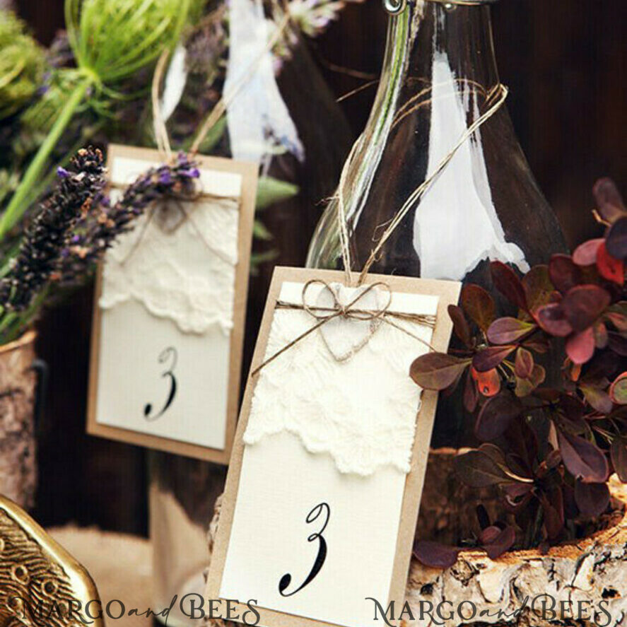 Rustic Wedding Table Numbers with Burlap Twine, Barn Wedding Table Cards, Handmade Eco Romantic Ecru Personalized Cards, Simple Rustic Lace Wedding Table Décor