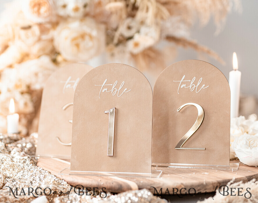 Luxury Velvet Arched Table numbers with Acrylic stand, Beige Velvet and Gold Acryl Wedding Table Decor, 3D Golden Letters Arched Table Numbers, Wedding Signage