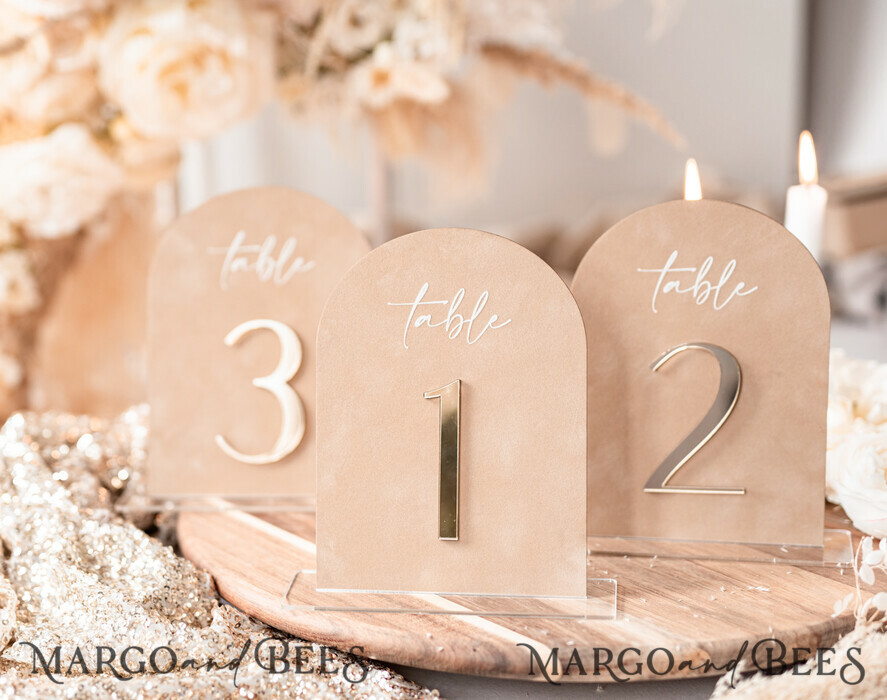 Luxury Velvet Arched Table numbers with Acrylic stand, Beige Velvet and Gold Acryl Wedding Table Decor, 3D Golden Letters Arched Table Numbers, Wedding Signage