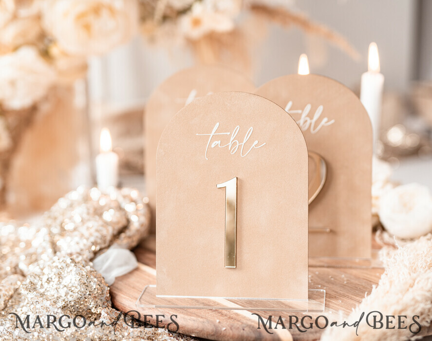 Luxury Velvet Arched Table numbers with Acrylic stand, Beige Velvet and Gold Acryl Wedding Table Decor, 3D Golden Letters Arched Table Numbers, Wedding Signage