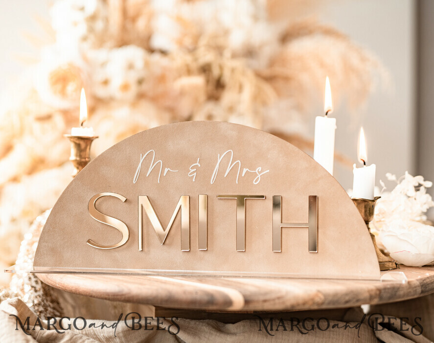 Golden Acrylic Top Table Mr and Mrs signs with stand, Beige Velvet and gold Table Sign, Golden Plexi Top Table Mr and Mrs signs, Luxury Wedding Table Decor Centerpieces