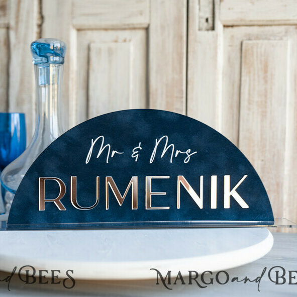 Silver Acrylic Top Table Mr and Mrs signs with stand, Dark Blue Velvet Silver Mirror Table Sign, Navy Blue Silver Plexi Top Table Mr and Mrs signs, Luxury Wedding Table Decor Centerpieces