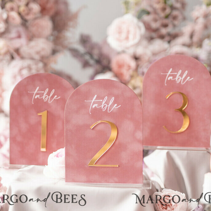 Arch Table Number, Luxury Blush Pink Velvet Arched Table numbers with acrylic stand, blush pink and Gold Wedding Table Decor, 3D Golden Letters, Wedding signage