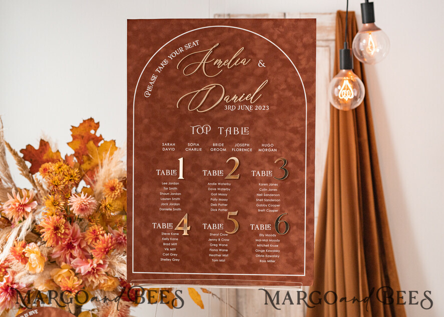 Fall Wedding Table Plan, terracotta velvet and Gold Modern Seating Chart, 3d Elegant Find Your Seat - Seating Plan , Luxury Wedding Table Plan, Wedding Decoration with golden letters - Golden Reception Signage - Custom Ceremony Sign