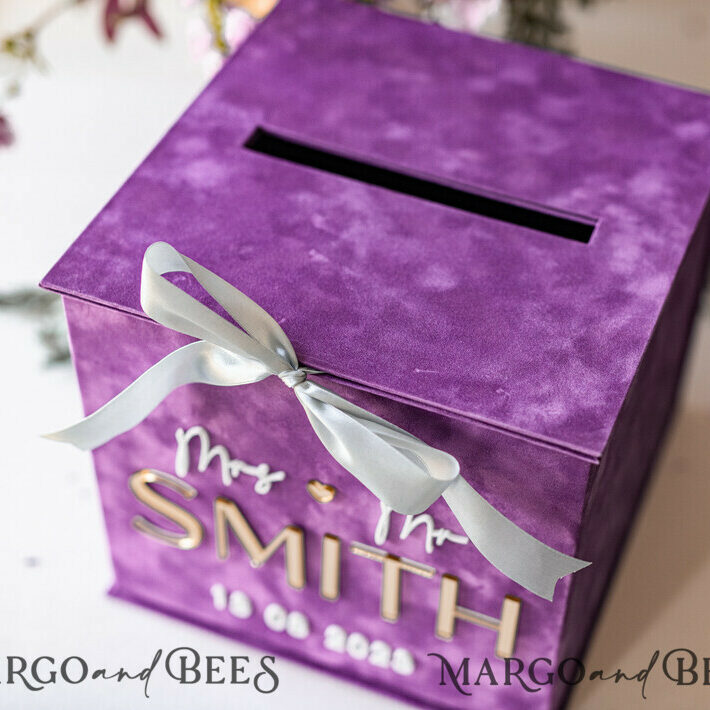 Gift Card Box & Cards well wishes Sign Set , Velvet Purple wedding wishing well money gift card box, Personalized Wedding Card Box, Luxury Card Box, Wedding Card Box with Lid, Wedding Money Box, Wedding Card Box