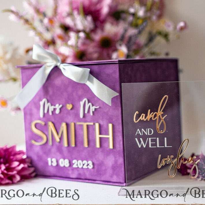 Gift Card Box & Cards well wishes Sign Set , Velvet Purple wedding wishing well money gift card box, Personalized Wedding Card Box, Luxury Card Box, Wedding Card Box with Lid, Wedding Money Box, Wedding Card Box