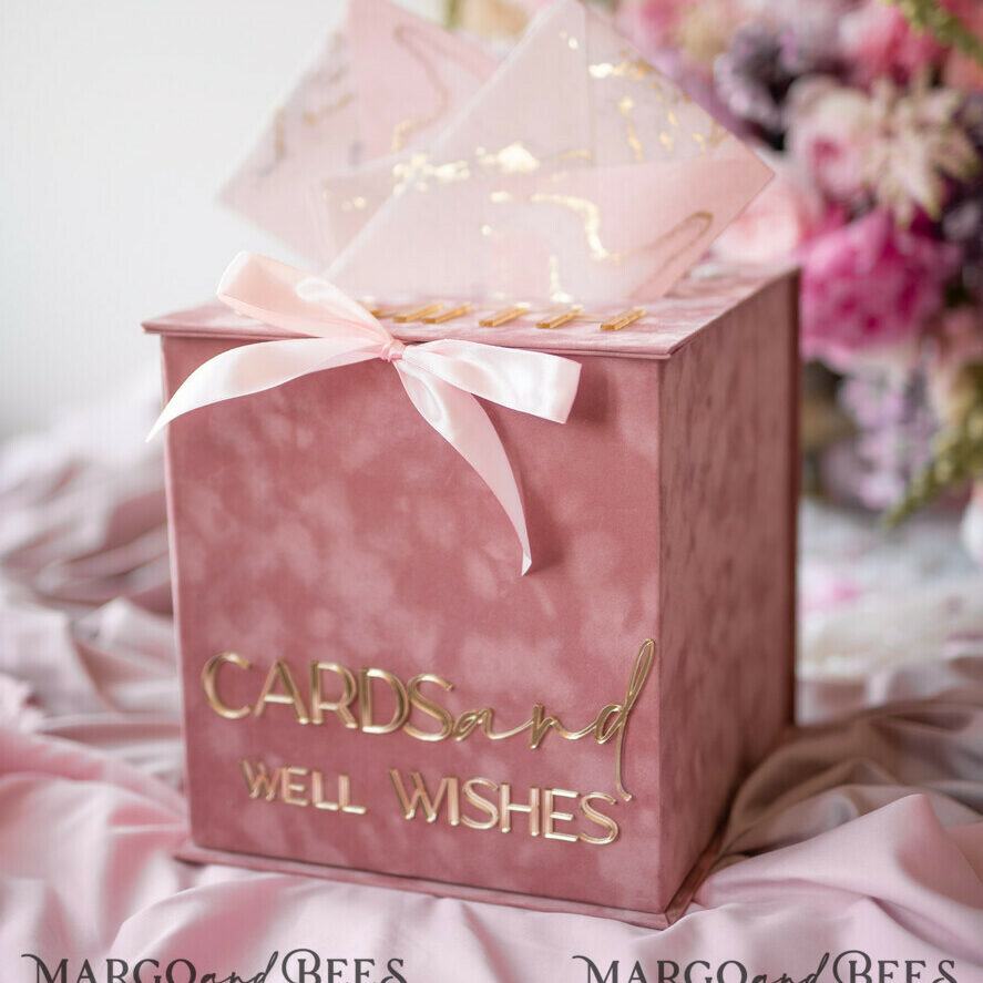 Velvet blush pink wedding wishing well money gift card box, Personalized Wedding Card Box, Luxury Card Box, Wedding Card Box with Lid, Wedding Money Box, Wedding Card Box