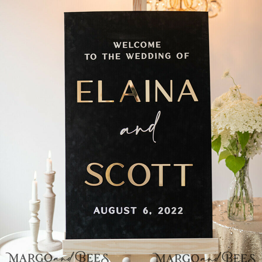 Luxury Velvet black Wedding Welcome Sign, Golden Wedding Decor, Personalised Wedding Sign, Wedding Gift, Welcome Wedding Board