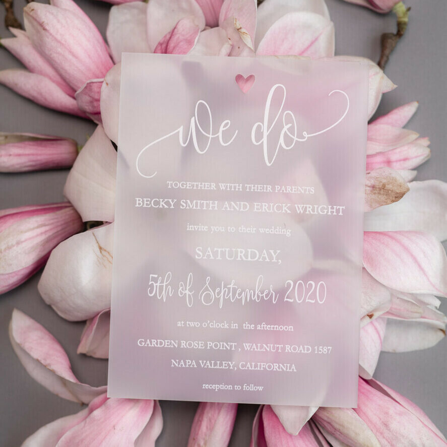 Luxury Frozen Acrylic Plexi Wedding Invitations, , Romantic Blush Pink Wedding Invites With Vellum Cover, Elegant Magnolia Wedding Cards, Minimalistic Wedding Stationery