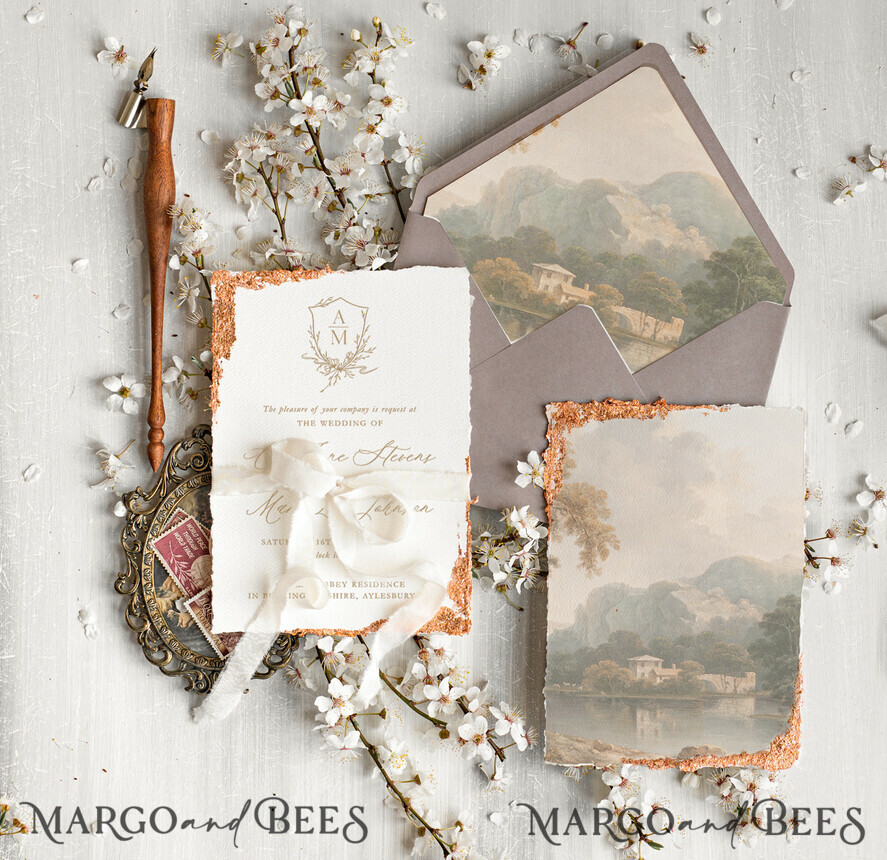 Vintage Fine Art wedding Invitation Sample, handmade sample set, cappuccino ivory wedding invitation, gold torn edges invites sample set