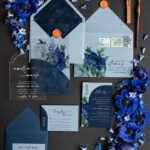 Elegant Arch Acrylic Wedding Invitations: Ice Blue and Navy Blue Velvet Pocket Set