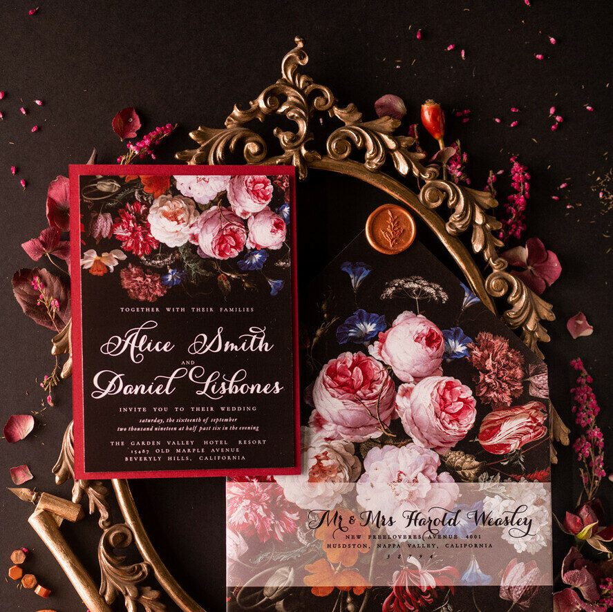 Custom wedding invitation, colorful romantic stationery, still life painting
