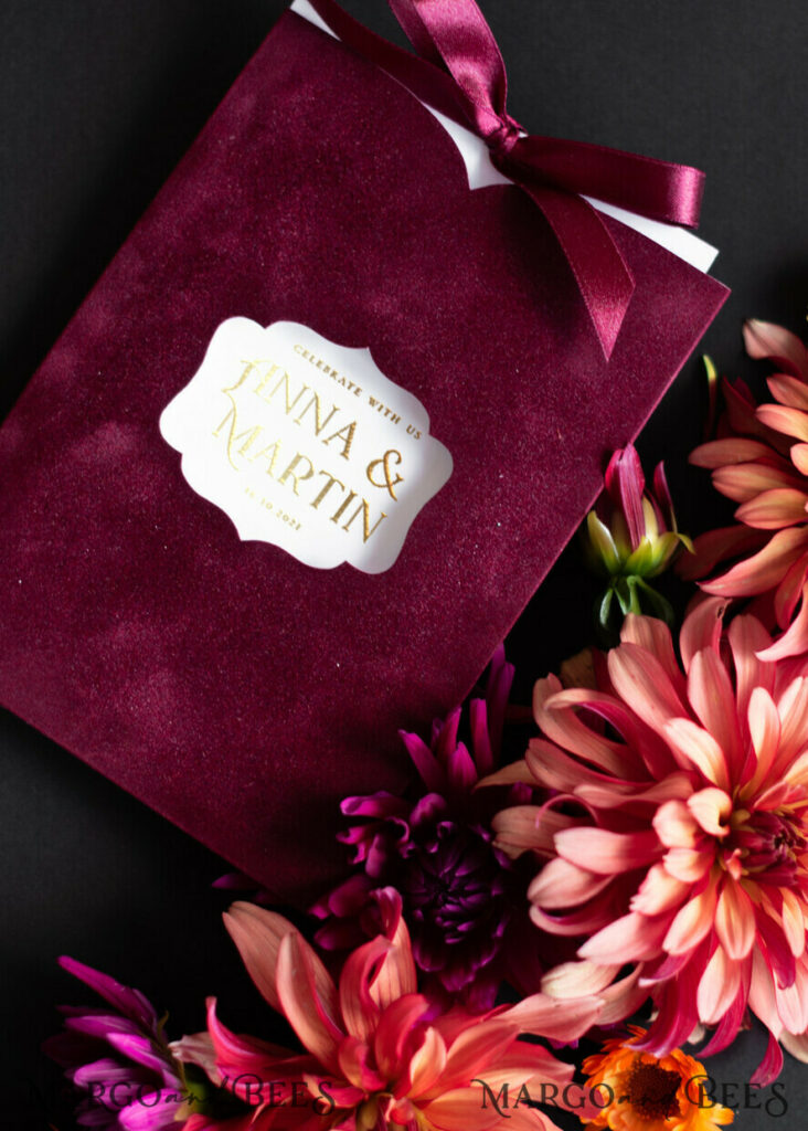 Romantic Red Velvet Wedding Invitations, Luxury Gold Foil Wedding Cards, Bespoke Burgundy Pocket Wedding Invites, Glamour Arabic Wedding Invitation Suite
