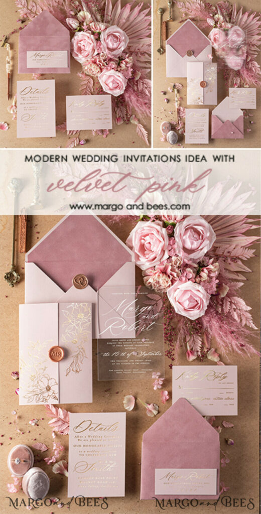 15 top most trending blush pink and gold wedding invtations and other wedding decorations Luxury Velvet Wedding Invitations, Elegant Plexi Acrylic Wedding Invites, Glamour Blush Pink Wedding Cards, Golden Shine Wedding Invitation Suite