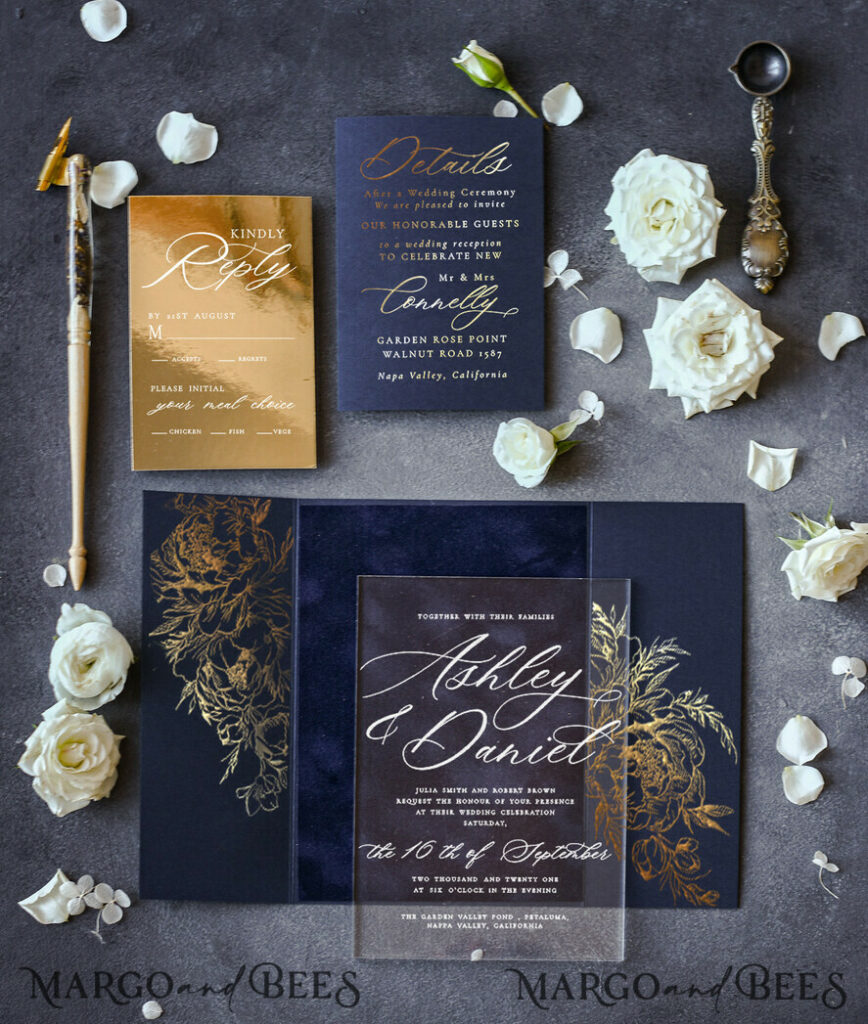 Luxury Gold Foil Wedding Invitations, Elegant Navy Blue Wedding Invitation Suite, Glamour Golden Shine Wedding Cards, Bespoke Plexi Acrylic Wedding Invites