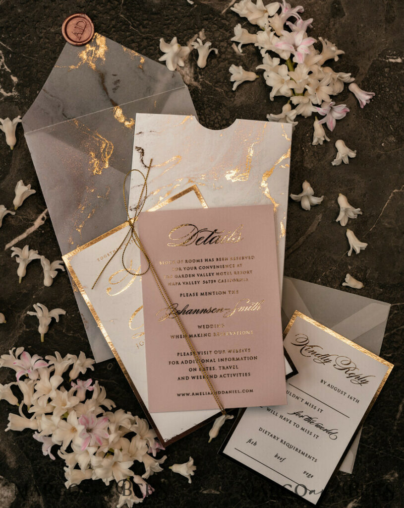 Luxury Gold Marble Wedding Invitations, Glamour Golden Shine Wedding Invites, Romantic Blush Pink Wedding Cards, Elegant Gold Foil Wedding Invitation Suite
