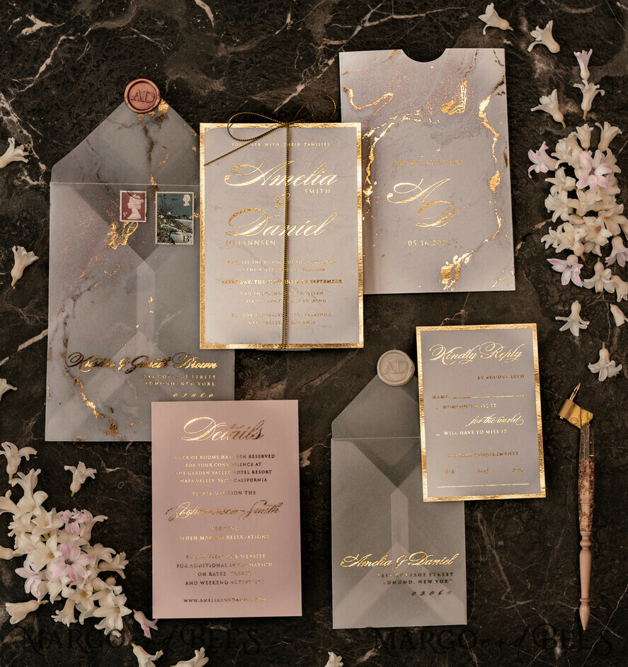 Luxury Gold Marble Wedding Invitations, Glamour Golden Shine Wedding Invites, Romantic Blush Pink Wedding Cards, Elegant Gold Foil Wedding Invitation Suite