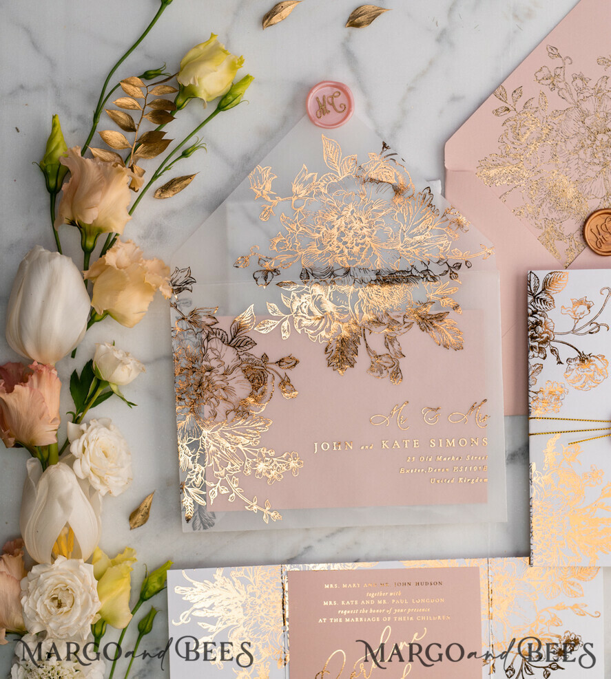 15 top most trending blush pink and gold wedding invtations and other wedding decorations Luxury Arabic Gold Foil Wedding Invitations, Glamour Golden Shine Wedding Invites, Romantic Blush Pink Wedding Cards, Elegant Indian Wedding Invitation Suite