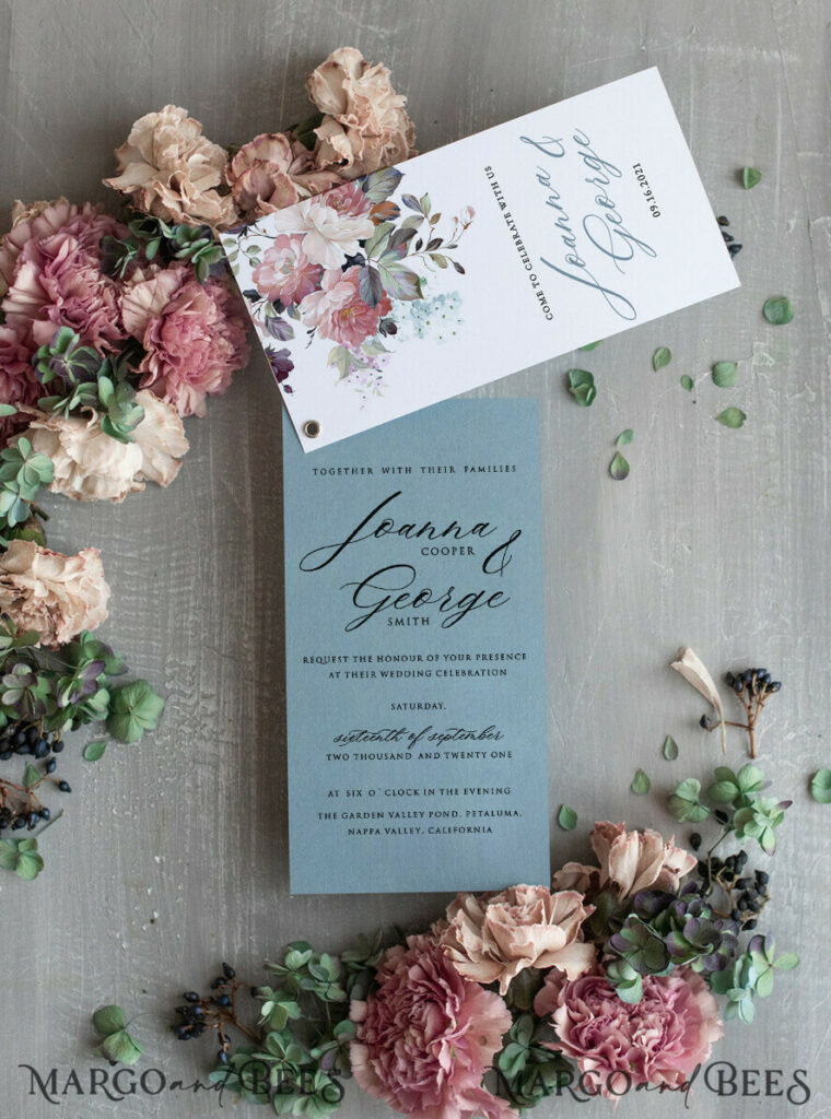 Elegant Dusty Blue Wedding Invitations, Modern Floral Wedding Invites, Delicate And Handmade Wedding Cards, Minimalistic Wedding Stationery