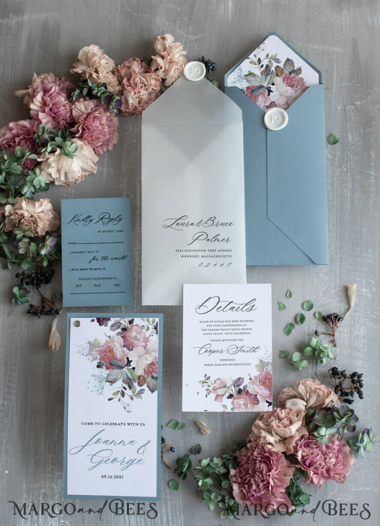 Elegant Dusty Blue Wedding Invitations, Modern Floral Wedding Invites, Delicate And Handmade Wedding Cards, Minimalistic Wedding Stationery