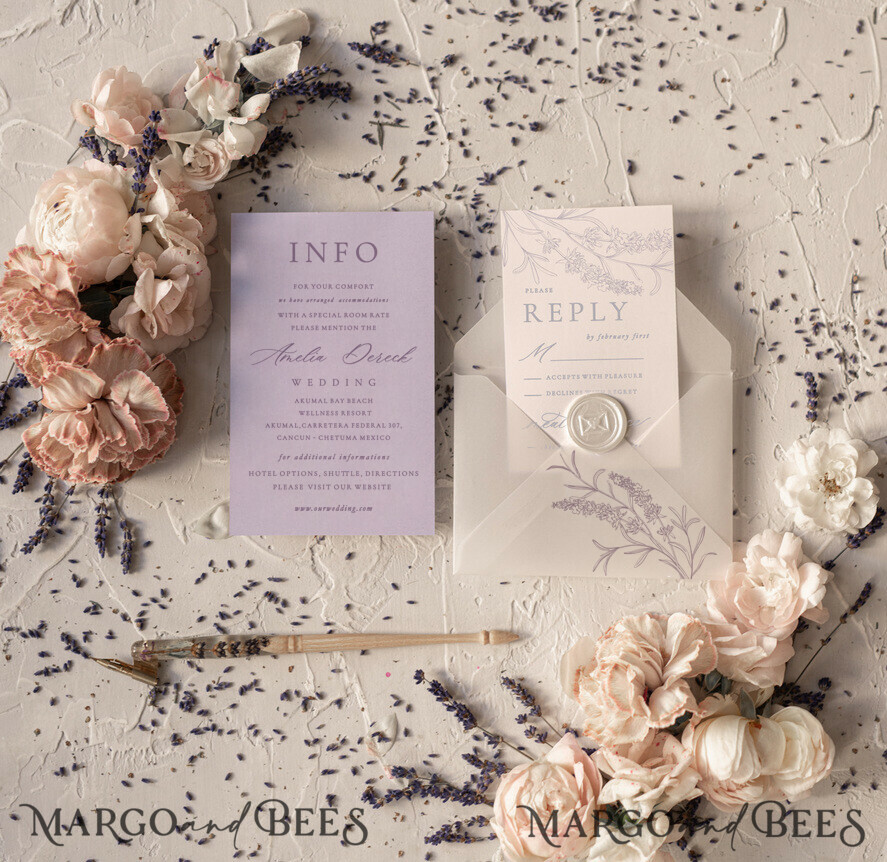 Delicate Lilac Wedding Invitations, Elegant Wedding Invites With Lavender, Minimalistic Purple Wedding Cards, Handmade Wedding Invitation Suite