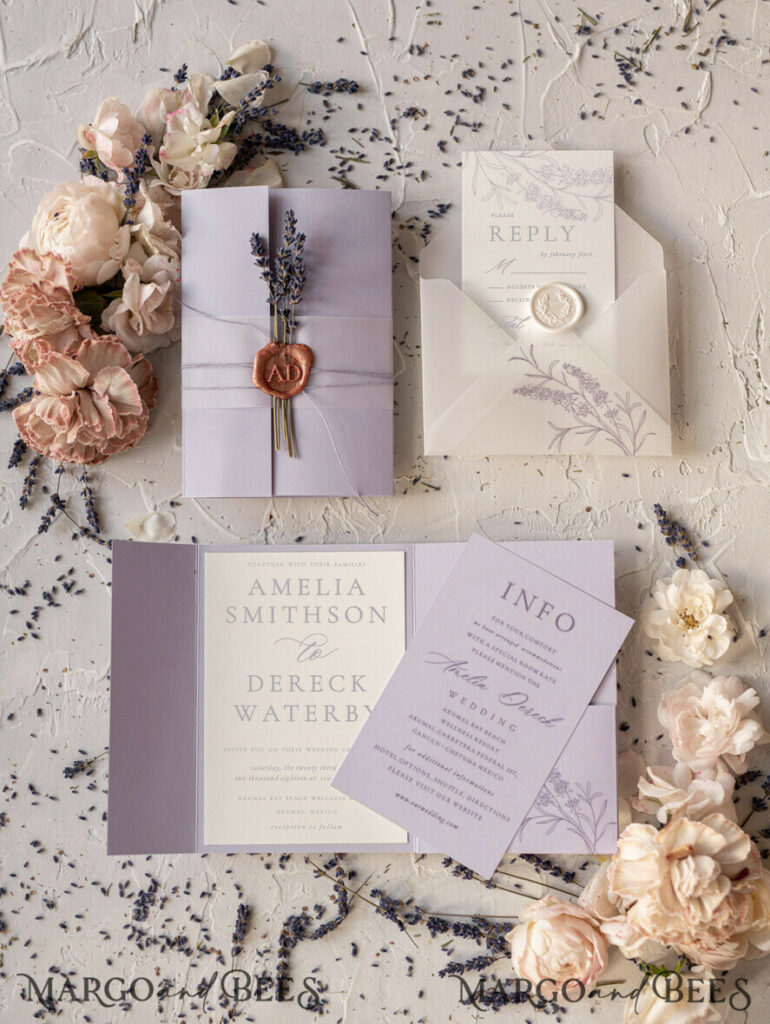 Delicate Lilac Wedding Invitations, Elegant Wedding Invites With Lavender, Minimalistic Purple Wedding Cards, Handmade Wedding Invitation Suite