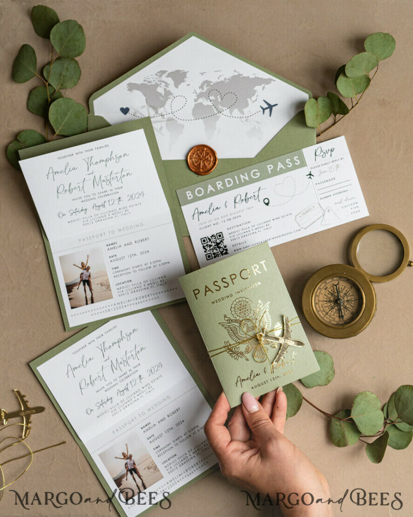 Sage Green Passport Wedding Invitation, Wedding Cards Boarding Pass, Tuscany Passport Wedding Invitations Abroad, Destination Wedding Invites, Travel Map Wedding Stationary