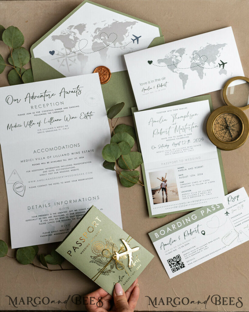 Sage Green Passport Wedding Invitation, Wedding Cards Boarding Pass, Tuscany Passport Wedding Invitations Abroad, Destination Wedding Invites, Travel Map Wedding Stationary