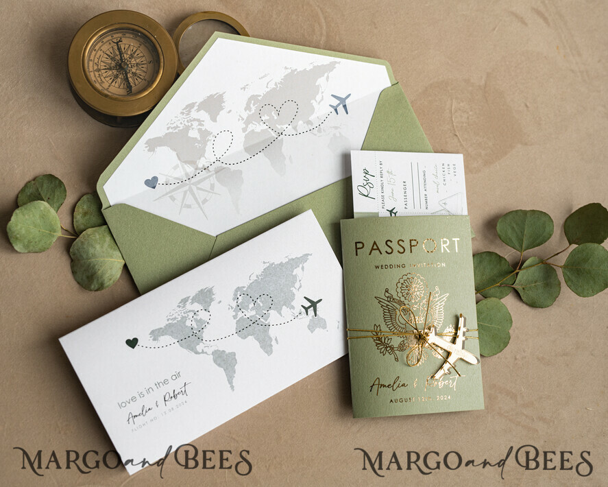 Sage Green Passport Wedding Invitation, Wedding Cards Boarding Pass, Tuscany Passport Wedding Invitations Abroad, Destination Wedding Invites, Travel Map Wedding Stationary