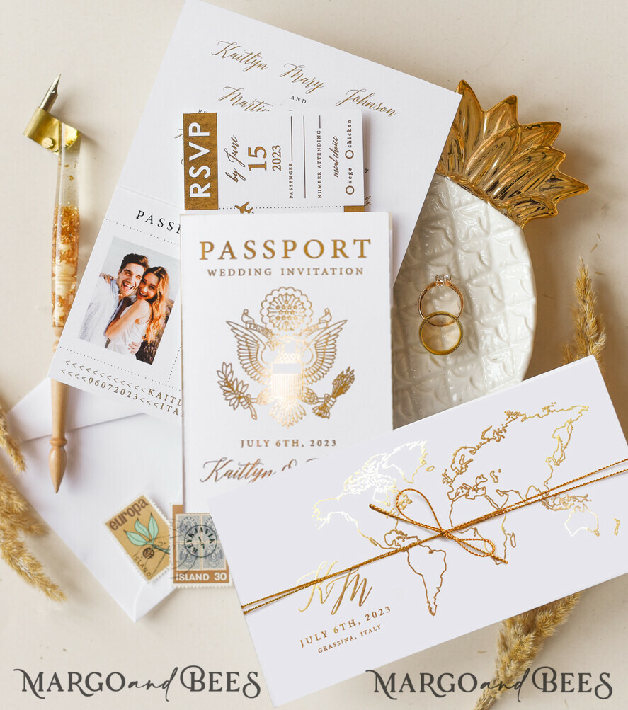 White Gold Passport Wedding Invitation, Golden Plane Wedding Cards Boarding Pass, Tuscany Passport Wedding Invitations Abroad, Destination Wedding Invites, Travel Map Wedding Stationary