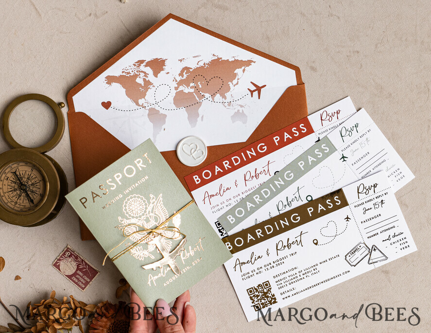 Sage Green terracotta Passport Wedding Invitation, Burnt Orange Gold Wedding Cards Boarding Pass, Tuscany Passport Wedding Invitations Abroad, Destination Wedding Invites, Travel Map Wedding Stationary 
