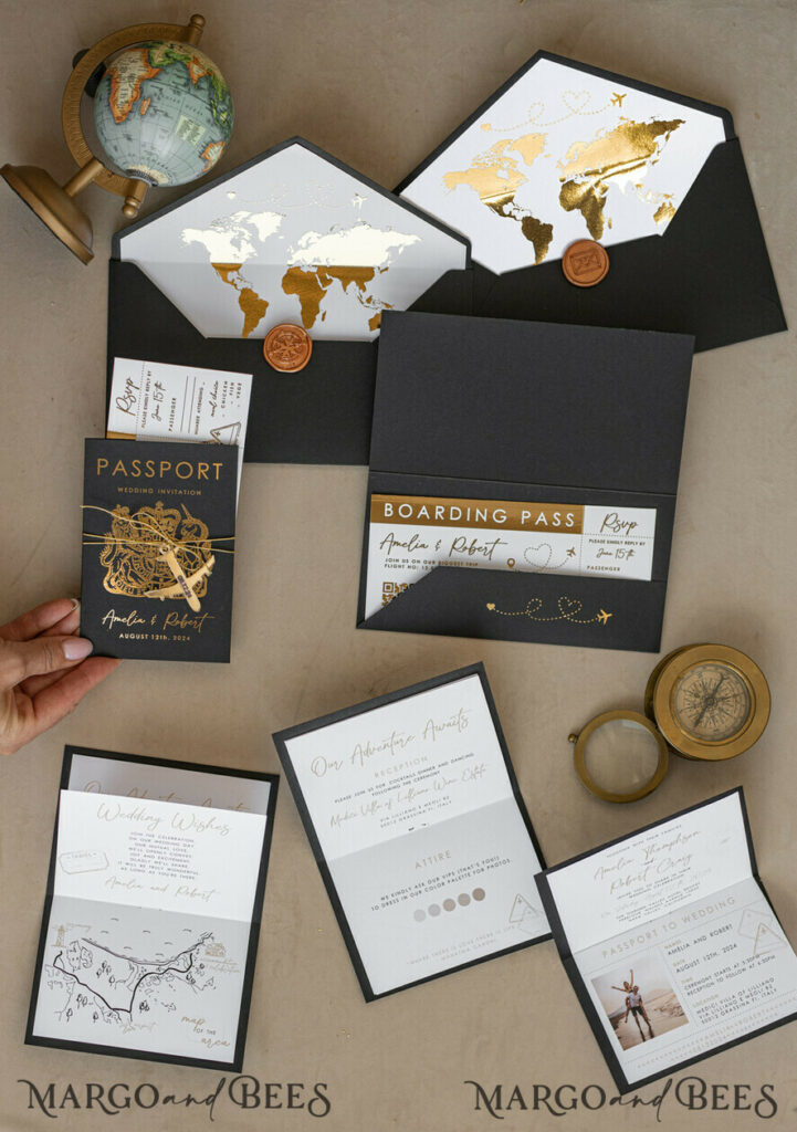 Gold White Black Passport Wedding Invitation, Golden Wedding Cards Boarding Pass, Travel Passport Wedding Invitations Abroad, Destination Wedding Invites, Travel Map Wedding Stationary 