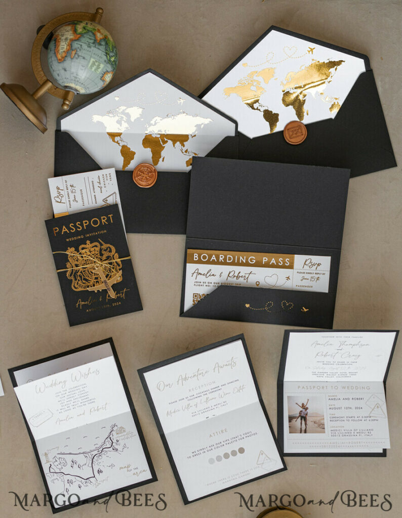 Gold White Black Passport Wedding Invitation, Golden Wedding Cards Boarding Pass, Travel Passport Wedding Invitations Abroad, Destination Wedding Invites, Travel Map Wedding Stationary 