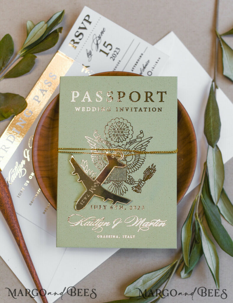 Sage Green Tusacny Passport Wedding Invitation, Gold Greece Wedding Cards Boarding Pass, Passport Wedding Invitations Abroad, Greenery Destination Wedding Invites, Travel Map Wedding Stationary