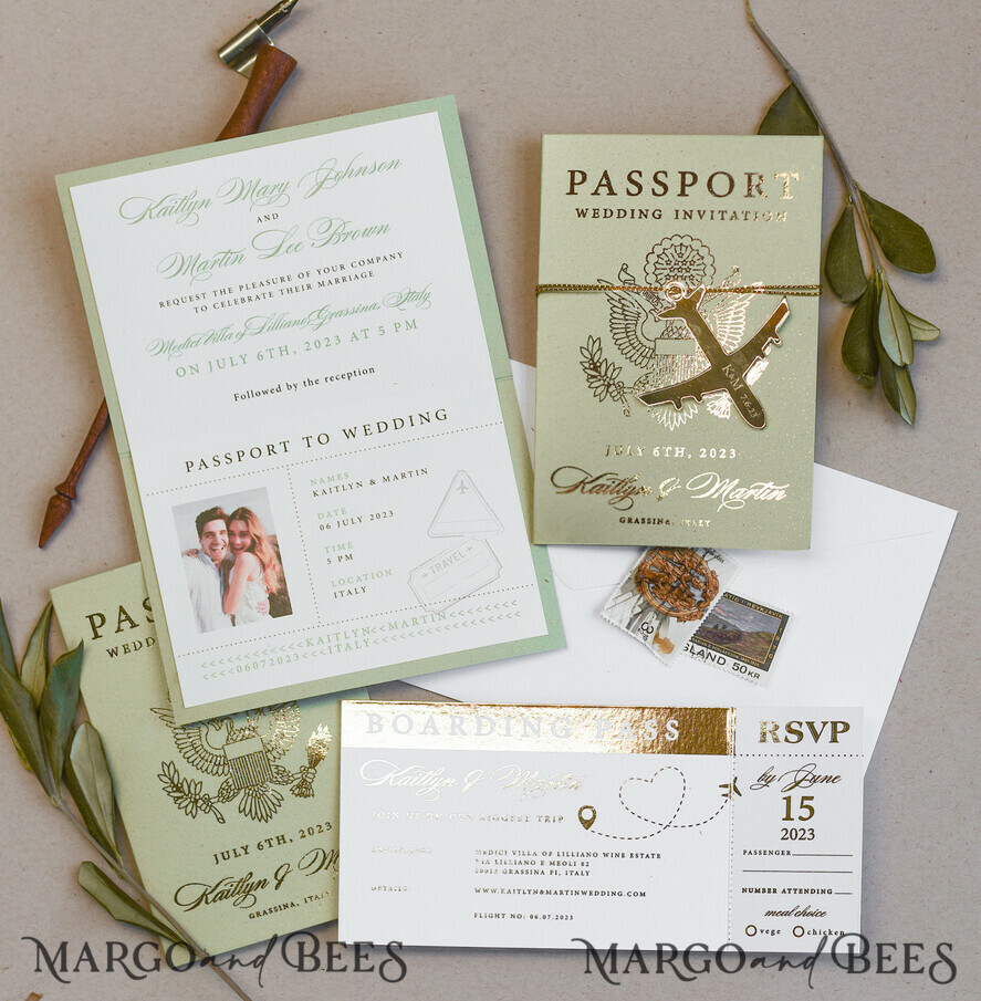 Sage Green Tusacny Passport Wedding Invitation, Gold Greece Wedding Cards Boarding Pass, Passport Wedding Invitations Abroad, Greenery Destination Wedding Invites, Travel Map Wedding Stationary