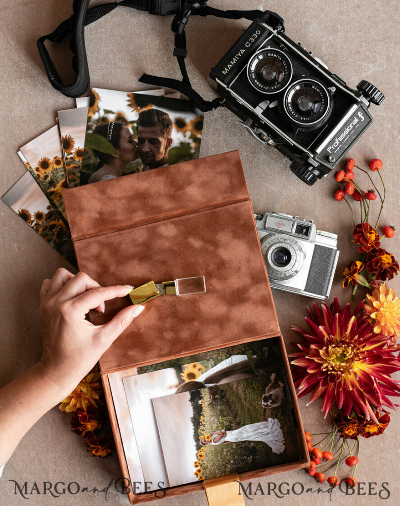 Terracotta Velvet Photo Box Photographer Box Wedding Memory Box, Burnt Orange Custom Keepsake Box, Rust Photographer Gifts for Clients, Wedding Pictures packaging, Custom photography Copper box