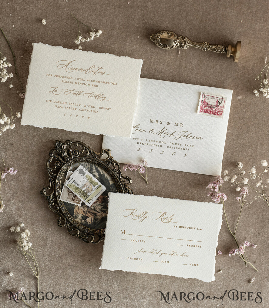 Beige Gold Wedding Invitation, Floral Wedding Invitation, Fine Art Vintage Floral Invitation suite, Wreath wedding invitation suite, Deckled Edge Invites